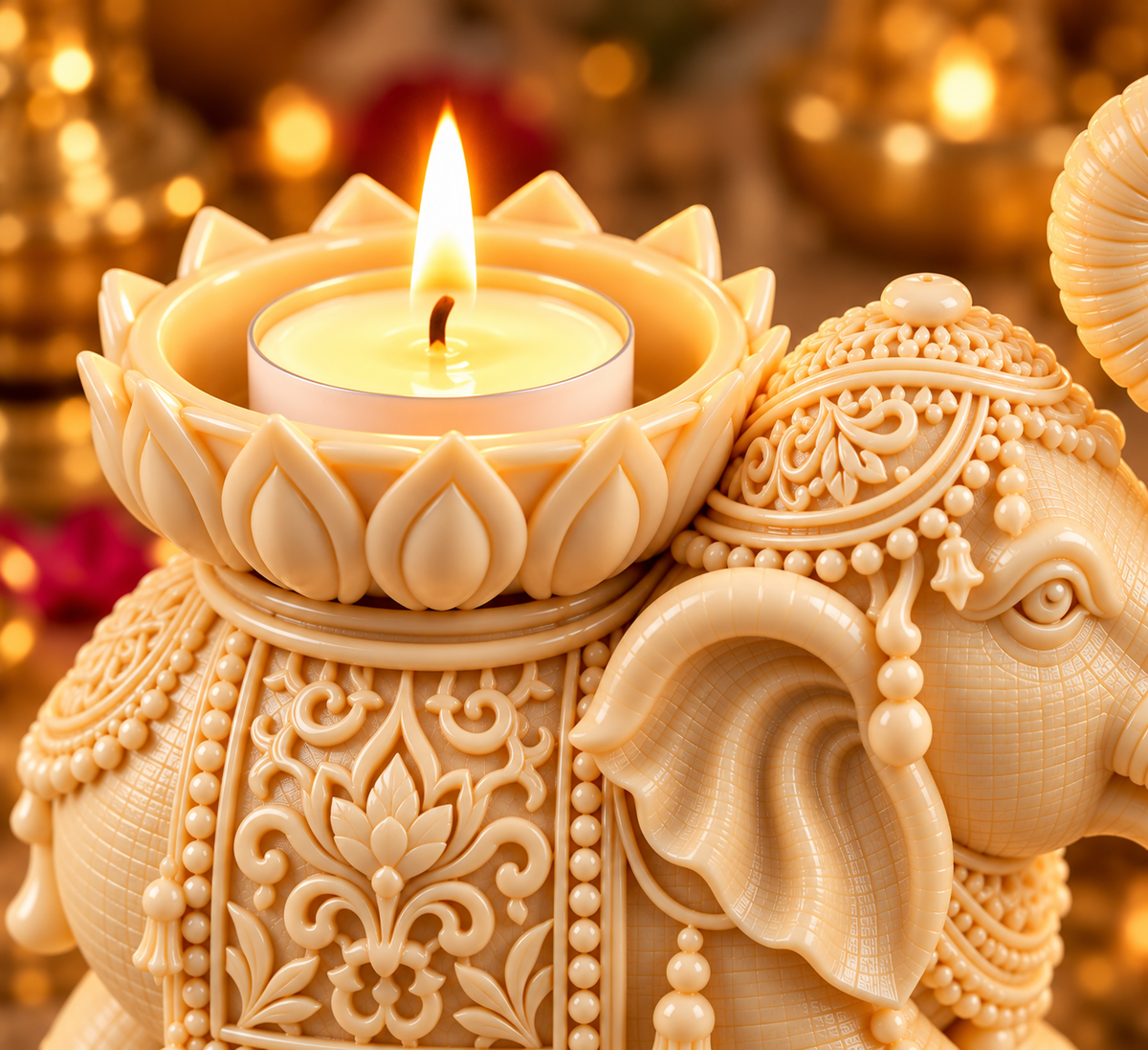Premium Elephant Lotus Candle Holder Set of 2 Traditional Diwali & Pooja Home Décor