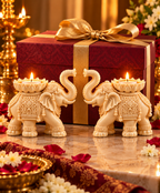Premium Elephant Lotus Candle Holder Set of 2 Traditional Diwali & Pooja Home Décor