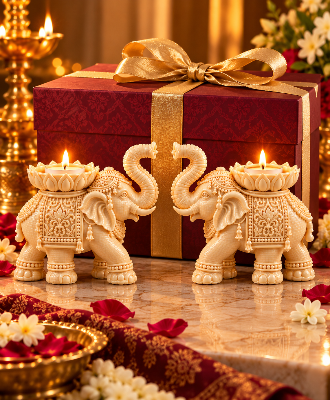 Premium Elephant Lotus Candle Holder Set of 2 Traditional Diwali & Pooja Home Décor