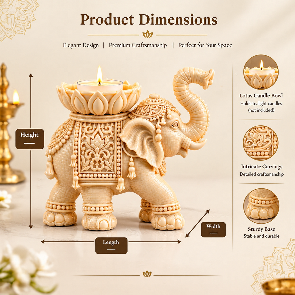 Premium Elephant Lotus Candle Holder Set of 2 Traditional Diwali & Pooja Home Décor