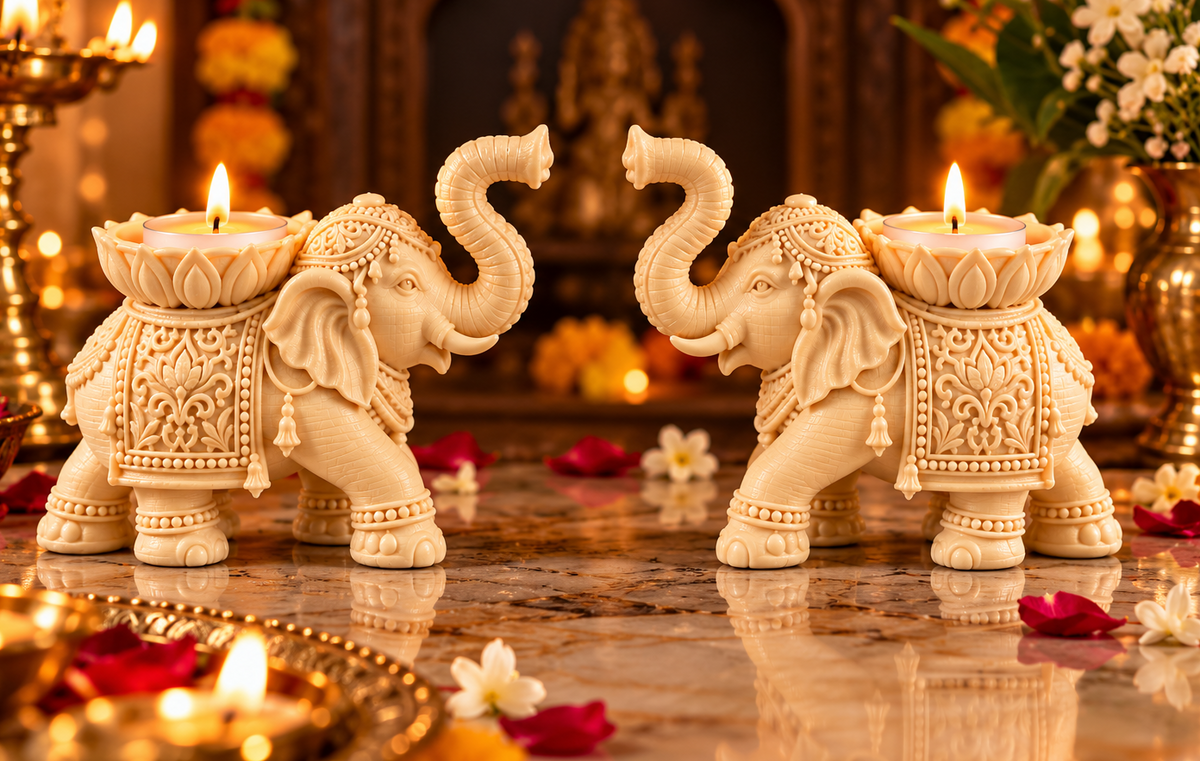 Premium Elephant Lotus Candle Holder Set of 2 Traditional Diwali & Pooja Home Décor