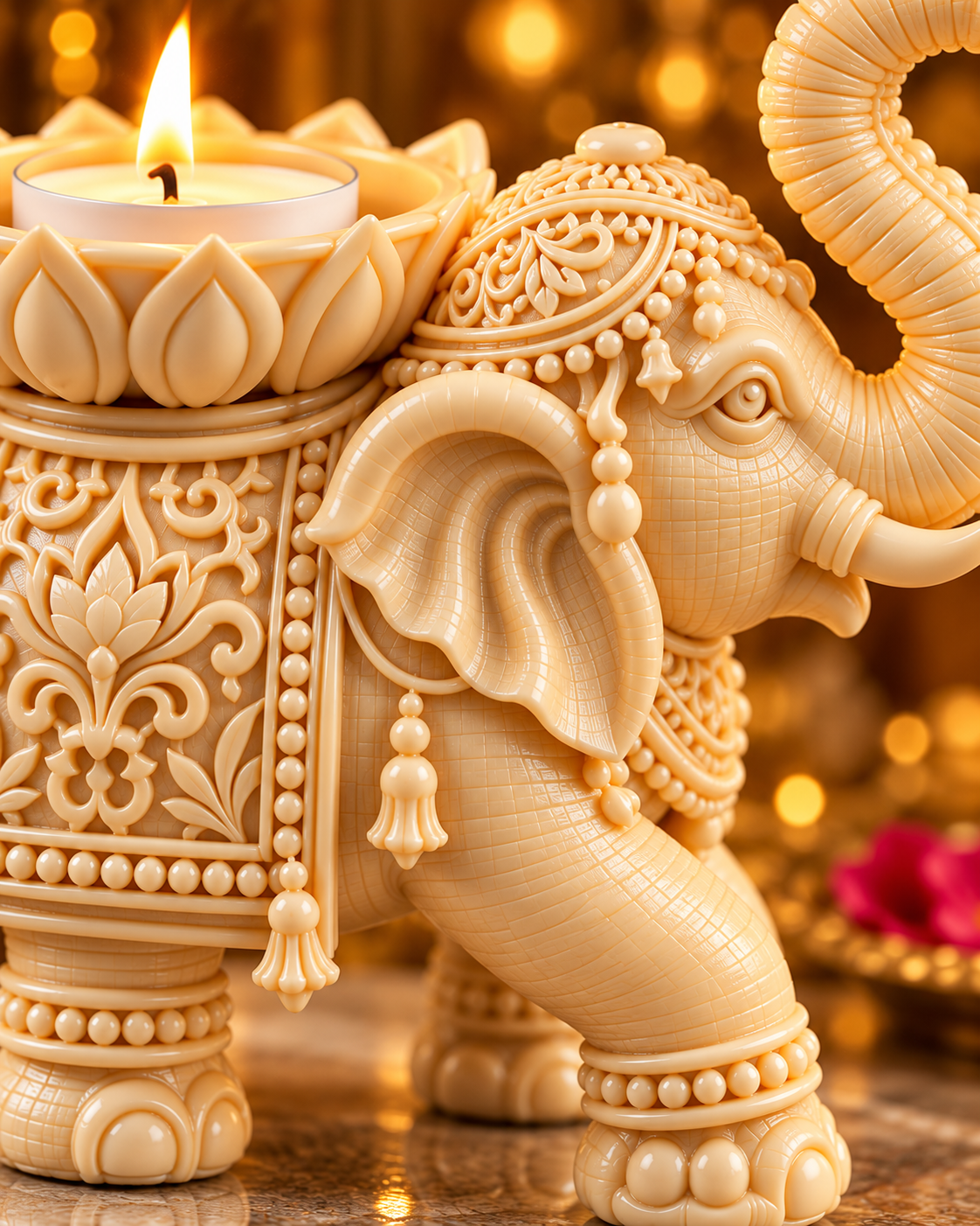 Premium Elephant Lotus Candle Holder Set of 2 Traditional Diwali & Pooja Home Décor